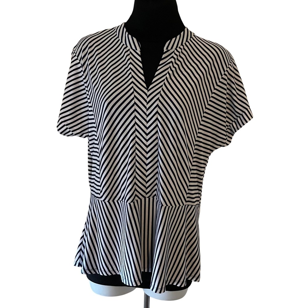 Atelier‎ 29 Womens Navy White Striped Peplum Blouse Split V-Neck Top Sz M 30274B